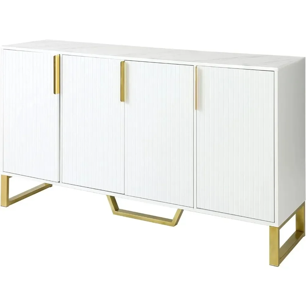 A modern decorative cabinet with 4 white cutlery cabinets, storage cabinets, metal handles, and adjustable shelves