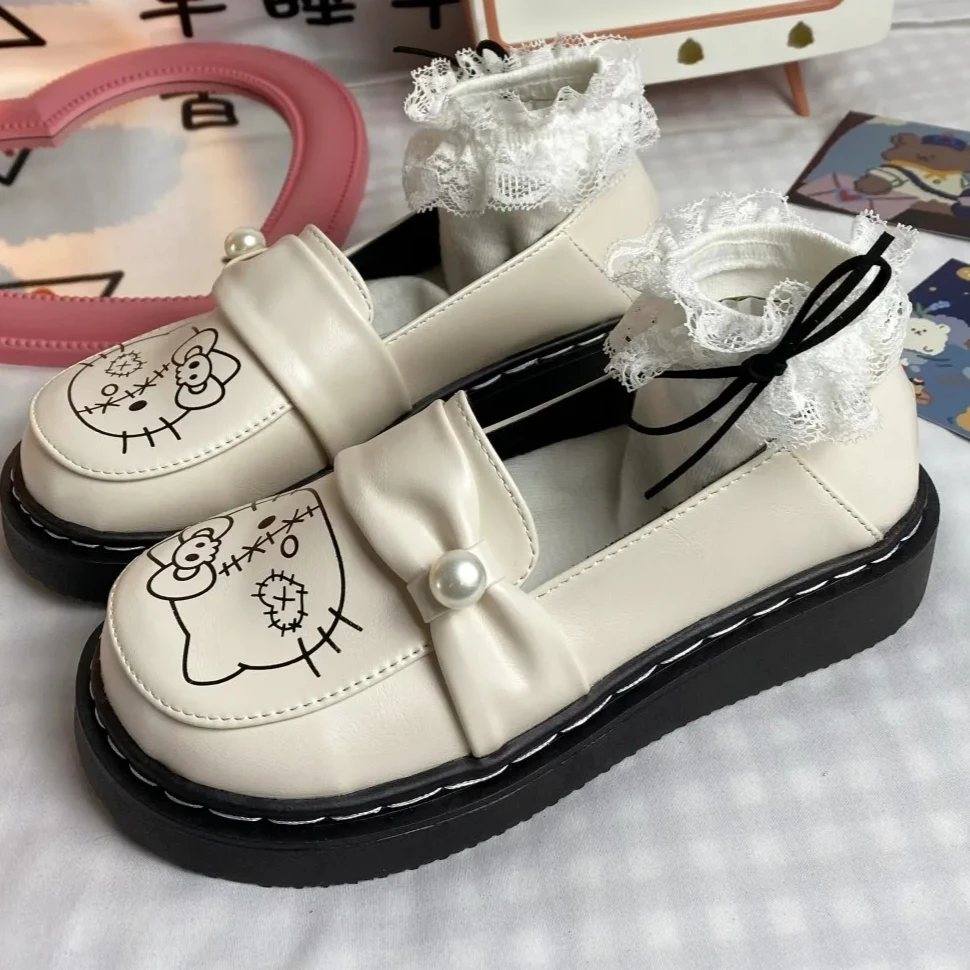 Hello Kitty Sanrio Leather Shoes Cartoon Comic Solid Color Round Head Flat Shoes Student Fashionable Comfortable JK Lolita Shoes