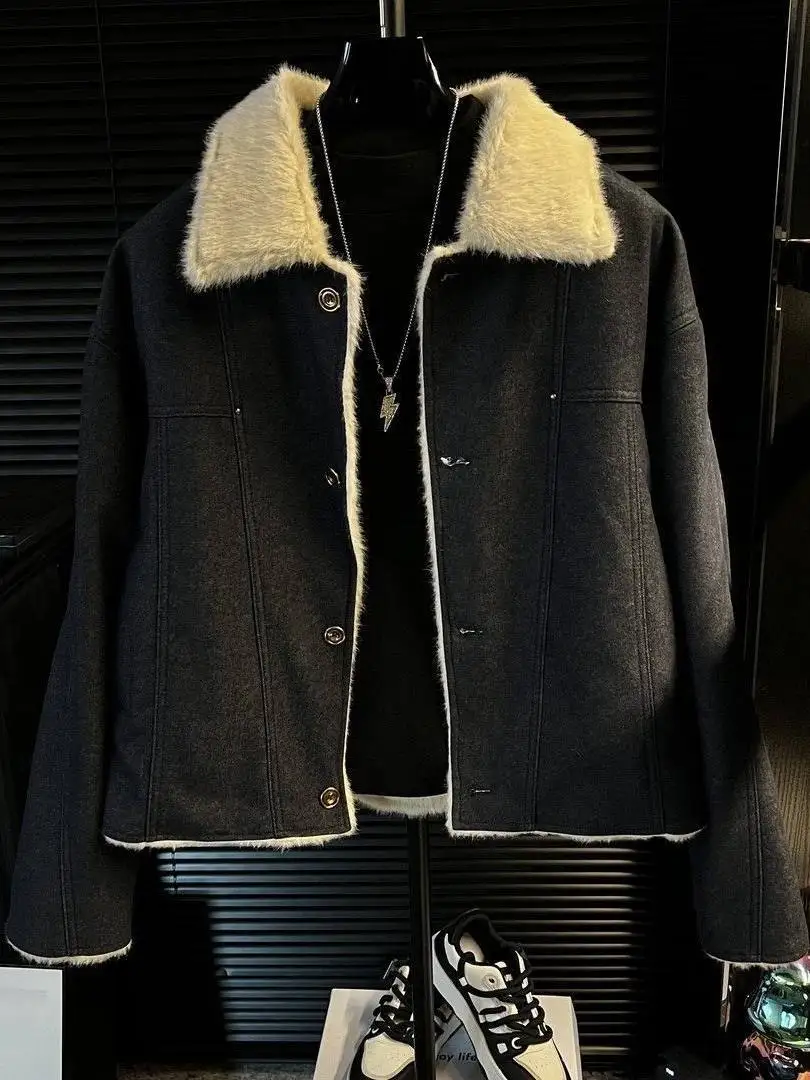 

Мужское зимнее пальто из полиэстера с флисовой подкладкой, утепленное, свободного кроя, с отделкой из овечьей шерсти, удобное для повседневной носки, с длинными рукавами