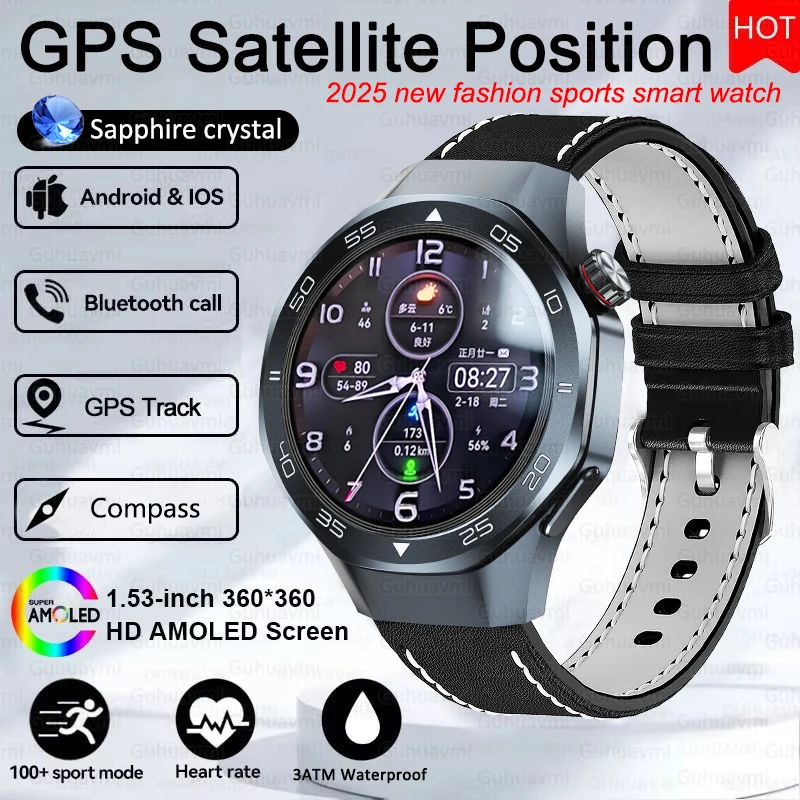 

GPS Satellite Position Smart Watch Men Ultra HD AMOLED Screen Compass Heart Rate Bluetooth Call 3ATM Waterproof SmartWatch 2025
