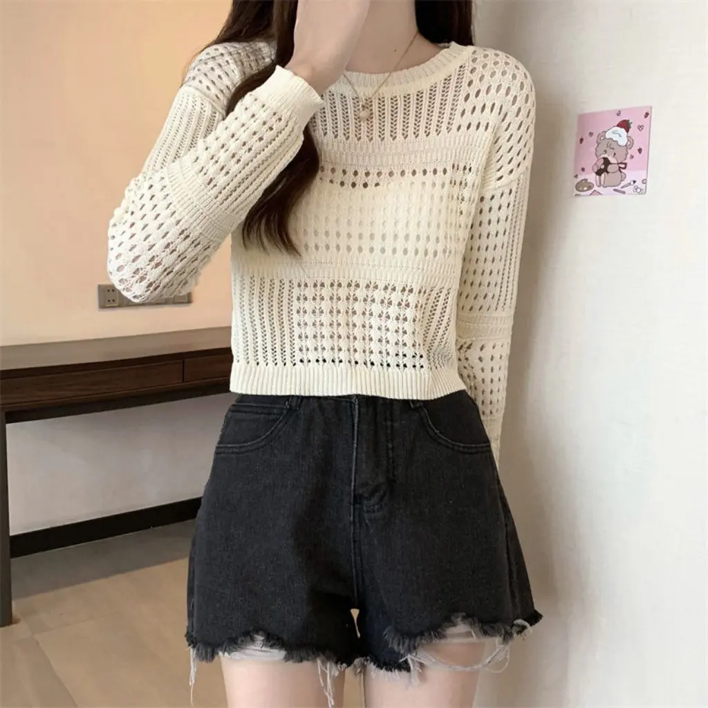 

Women's Spring Autumn Loose Pullover Hollow Knitted Sweater Long Sleeve T-Shirt Ice Silk Hot Girl Top