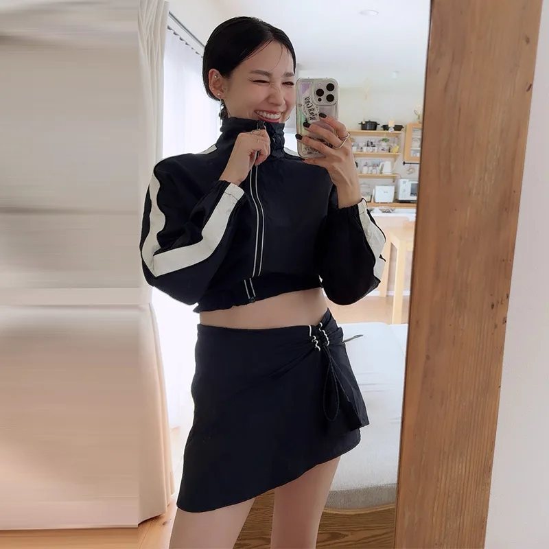 Paneelbesetzte Stehkragen-Oversize-Jacken und Culottes-Sets für Damen – Streetwear-Outfits mit langen Ärmeln, Reißverschluss, lockerer Passform und Shorts mit Kordelzug – Detail 12
