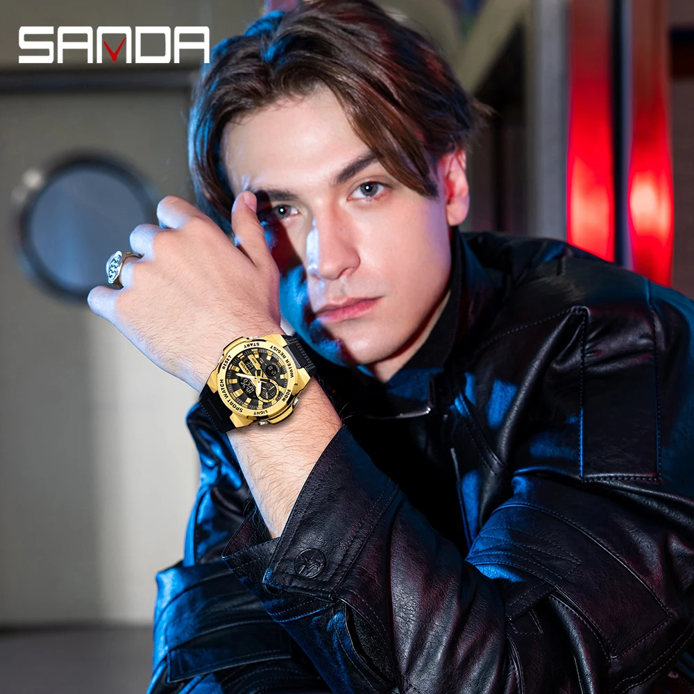 Moda SANDA nuevo 3385 reloj electrónico de lujo para estudiantes reloj electrónico deportivo multifuncional LED resistente al agua con pantalla Dual