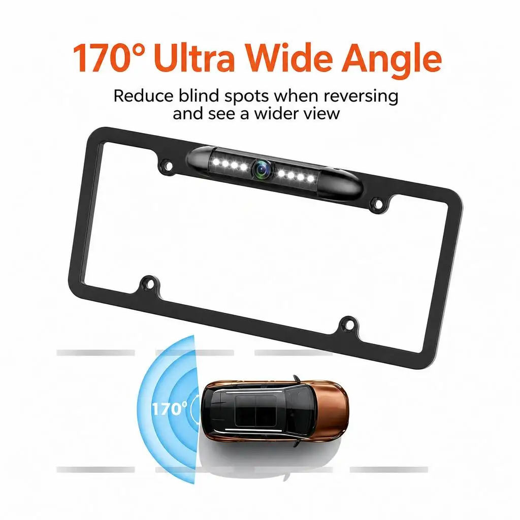 Universal Backsight Camera for Car Pickup SUV Truck Sedans US License Plate Metal Frame Rear View Backup HD Camera 8 LED Light