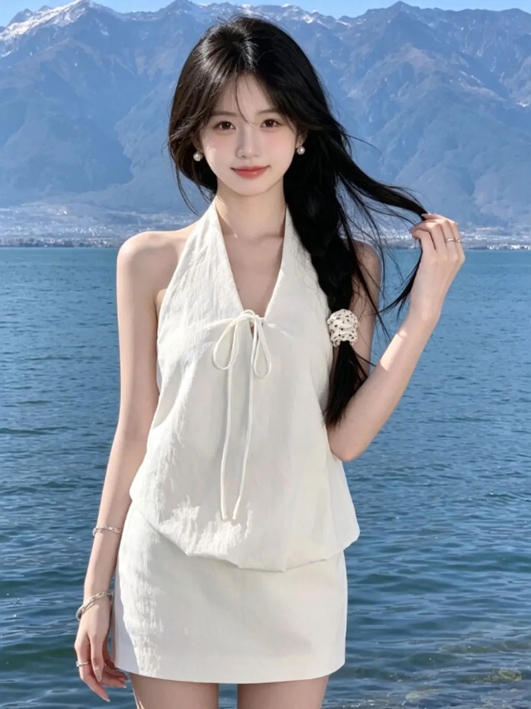 

Unique Small Size Halter Neck Skirt Set Comfortable Casual Style V-Neck Sleeveless Mid-Waist Two-Piece Summer Outfit