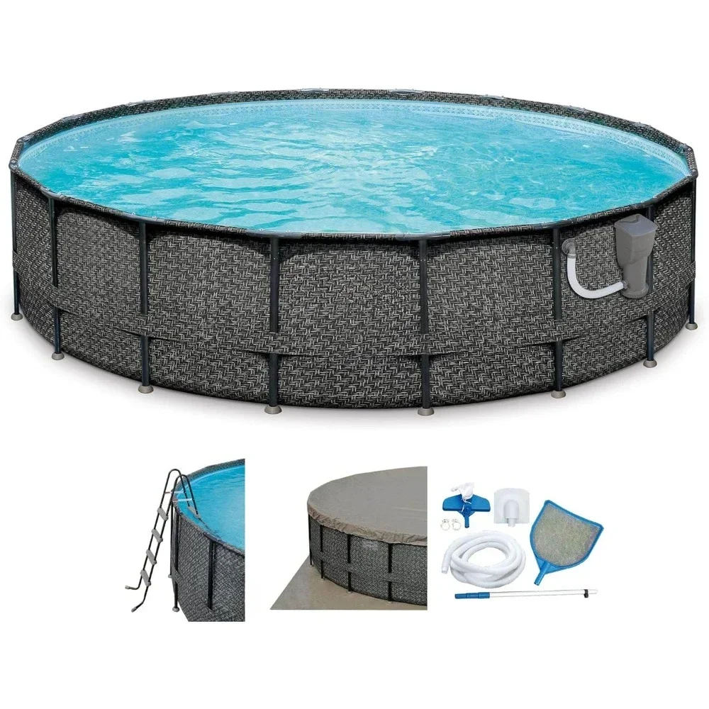 

20' x 48" Round Frame Outdoor Swimming Pool with Skimmer Plus Filter Pump, Ladder, and Cover, Dark Herringbone