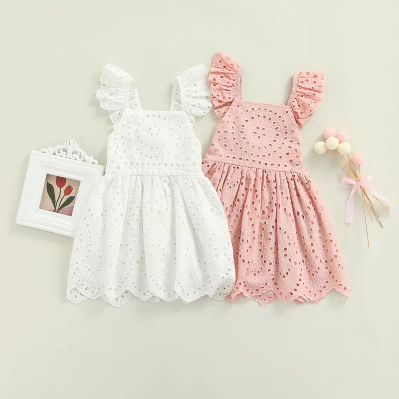 Newborn Baby\'s Clothes Girls Summer Dress Solid Color Lace Hollow-Out Square-Neck Flying Sleeve Children\'s Clothing Set 1-5Y