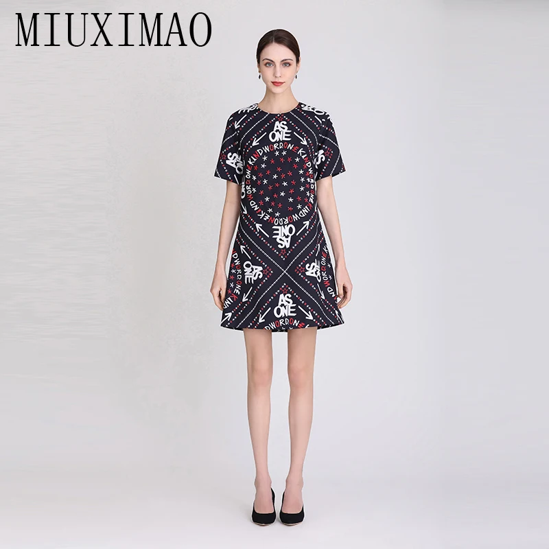 MIUXIMAO 2023 High Quality Spring&Summer Elegant Dress Short Sleeve Handmade Diamond Letter Fashion Mini Dress Women Vestide