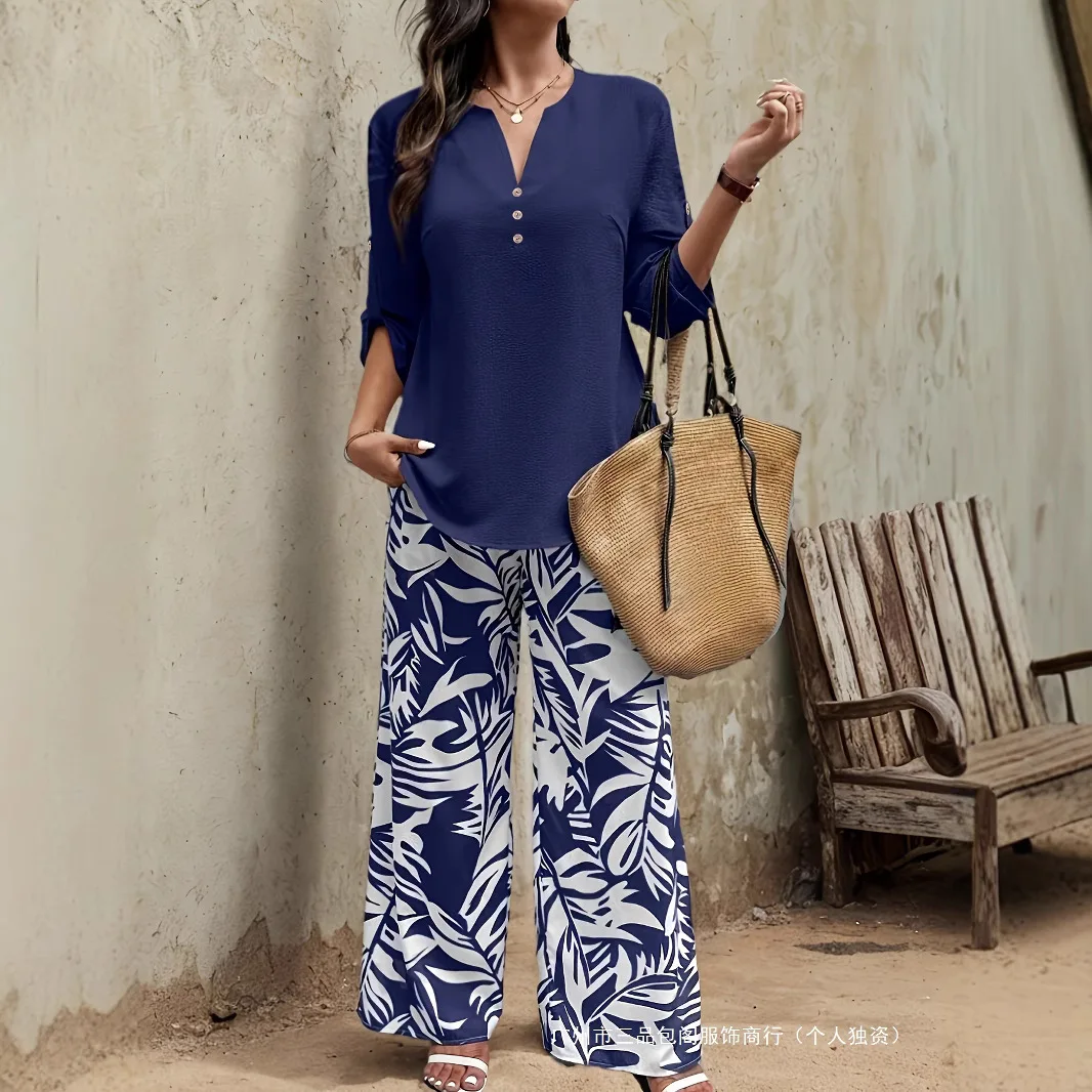 

Осенний женский костюм 2022, комплект из 2 предметов, однотонный топ с длинными рукавами и v-образным вырезом на пуговицах, широкие брюки с принтом Conjuntos Femininos