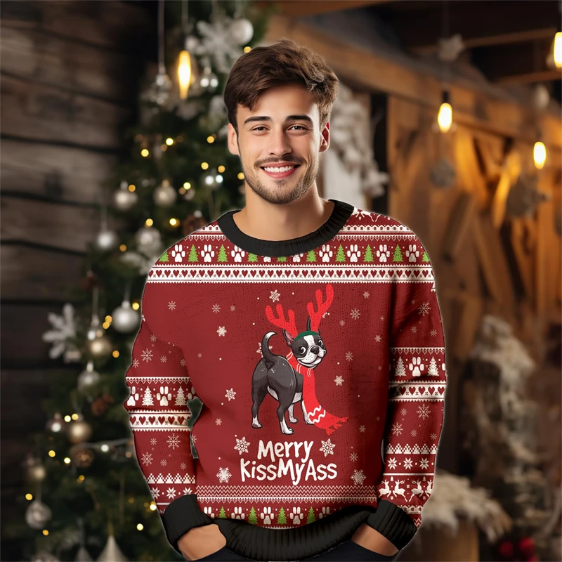 2024 Merry Christmas Pet Dog Graphic Sweatshirts For Women Clothes Funny Bulldog Naughty Dog Ugly Sweater   Bull Terrier Unisex