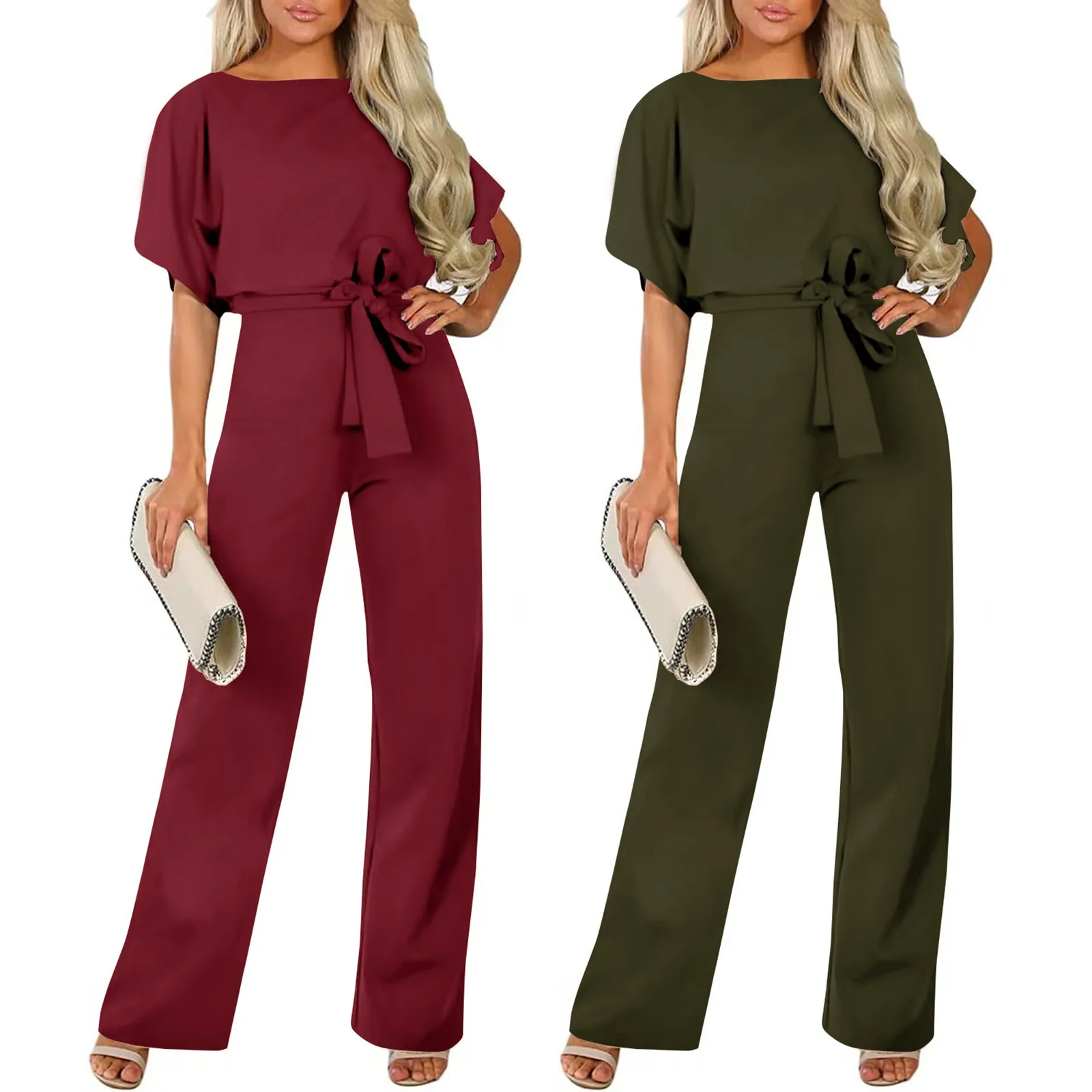

Jumpsuit Lace Up High Waist Elegant Women Solid Color Straight Leg Romper Fashion Short-sleeved Round Neck Jumpsuit for Dating