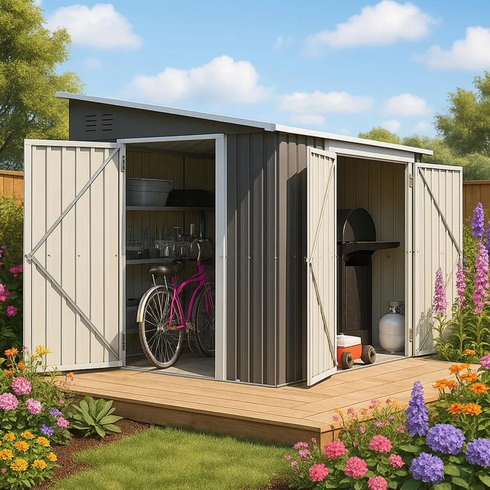 

8x6 FT Outdoor Storage Shed with Lockable Double Doors and Adjustable Side Door, Aluminum, Weatherproof with Frame Floor, Sheds