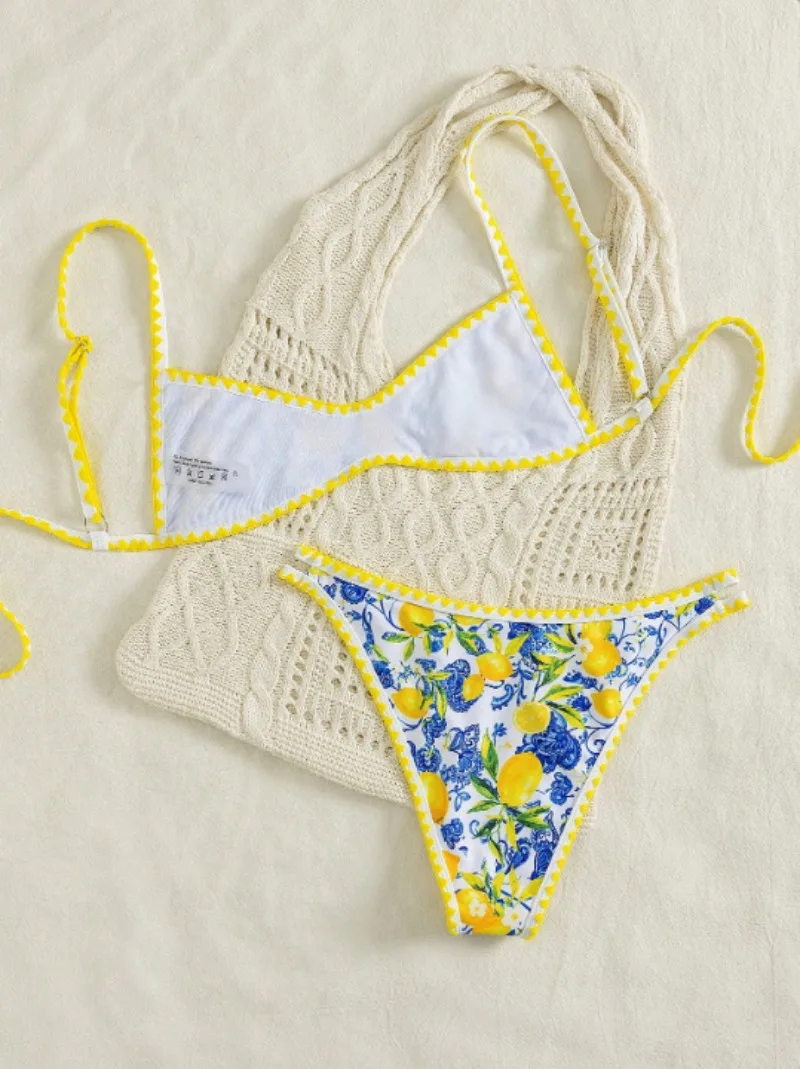 sexy yellow lemon print micro bikinis sets two pieces back tie swimsuits bathing suit swimwear biquini tankini trikini