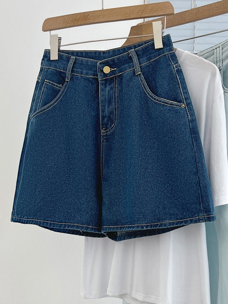 

High Waist Wide Leg Short Jeans Women's plus Size Summer Casual Slimming Pants for Plump Sister Blue Denim Zipper Fly
