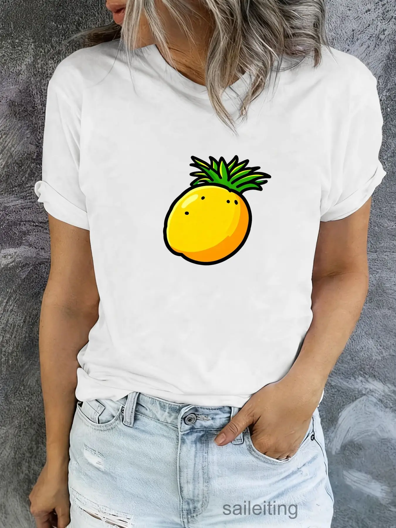 Cute Cartoon Pineapple Graphic T-Shirt for Women Men - White Short Sleeve Summer Breathable Tee with Ripped Jeans Style, Funn