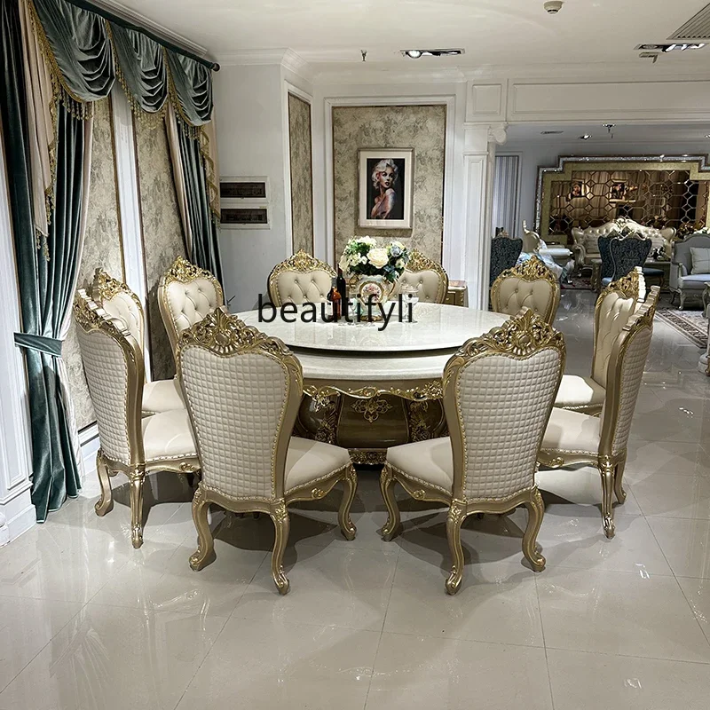 

A26 French marble dining table and chair combination, European luxury round dining table with electric turntable