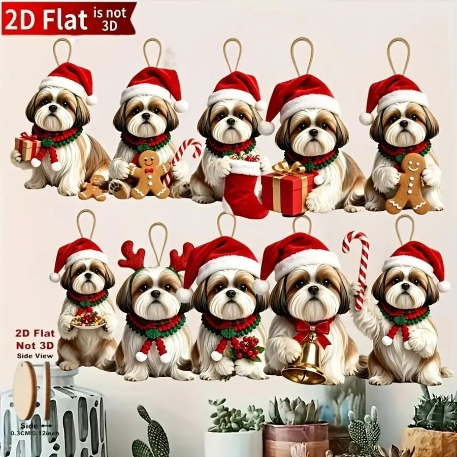 1/5/10/20/50/100pcs 2D Flat, Set of 10 Cute Shih Tzu Figurines to Hold Christmas Gifts, Christmas Tree Ornaments, Wooden Christm