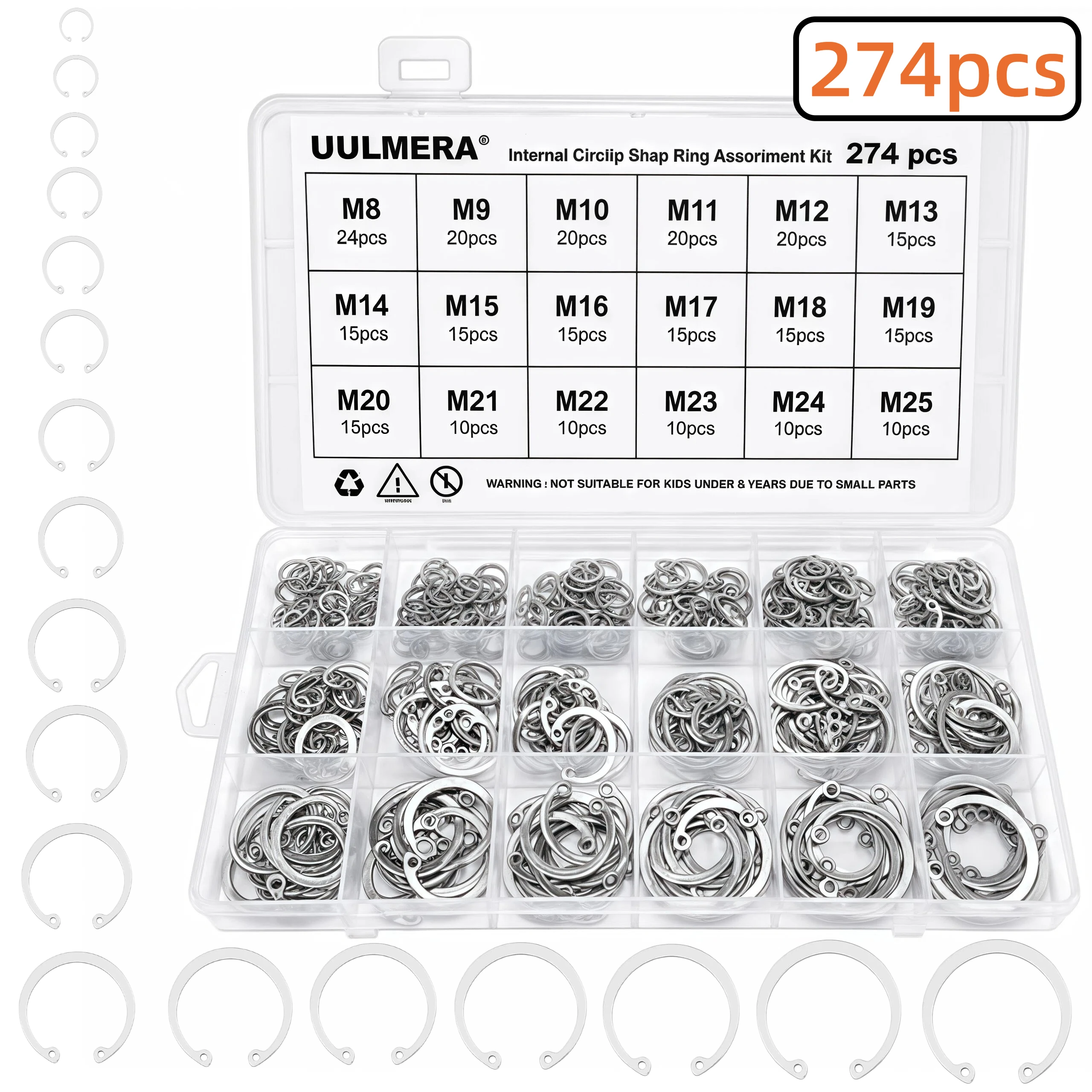 153/204/274/318pcs Alloy Steel and 304 Stainless Steel Internal Snap Ring Assortment Kit C-Clip Set 18 Sizes : 8mm to 25mm