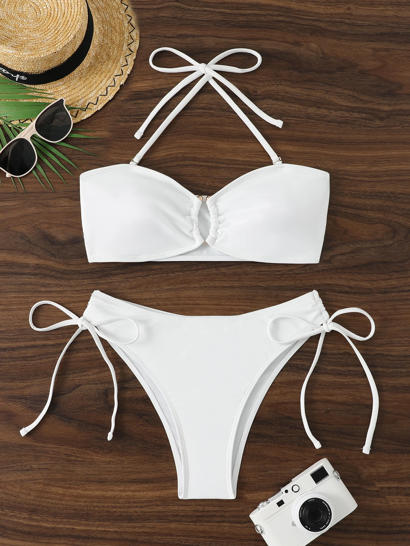 

Женский сексуальный купальник-бикини бандо с завязками на шее, однотонный, с подкладкой, с высокой талией, для плавания, 2026