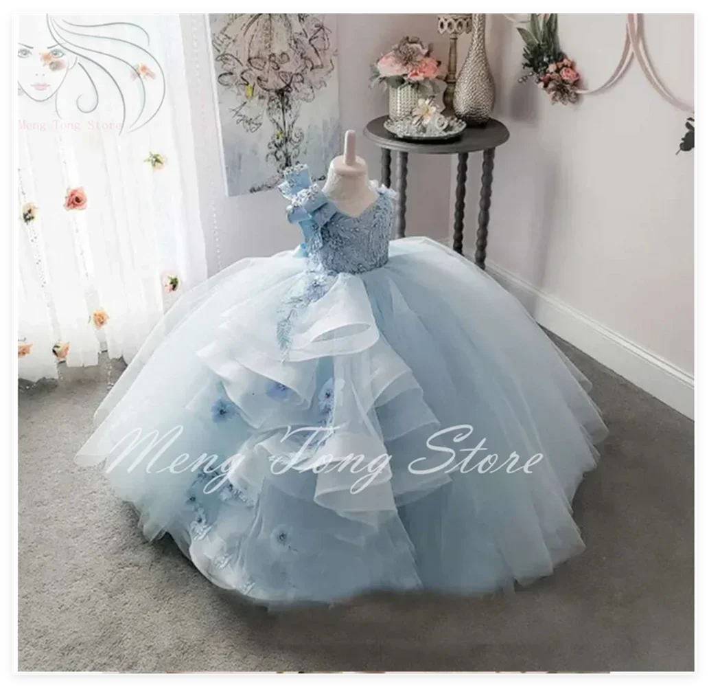 Vestidos azules con cuello en V, vestido de niña de flores de encaje con cuentas y lentejuelas sin mangas con lazo, tren de barrido de tul escalonado, vestido de fiesta para niños