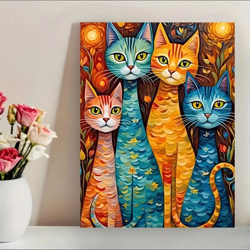 Four Colorful Cute Cats Poster and Prints Modern Abstract Canvas Painting Wall Art Picture for Living Room Home Decor Gift