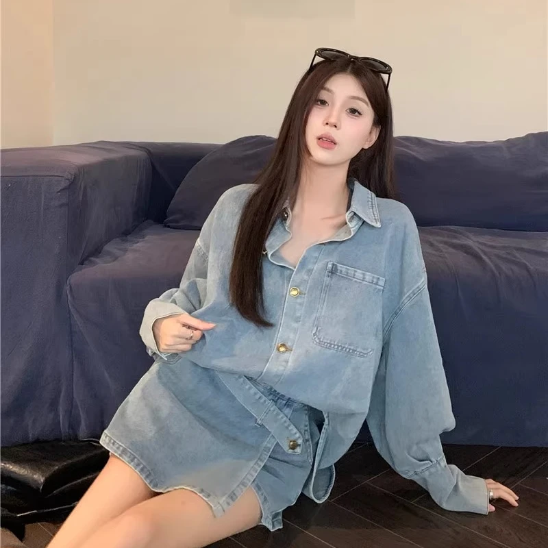 Neploe Vintage Long Sleeve Denim Shirts Women+ Y2k Irregular High Waist Skirts Two Piece Sets 2024 Spring New Two Piece Sets