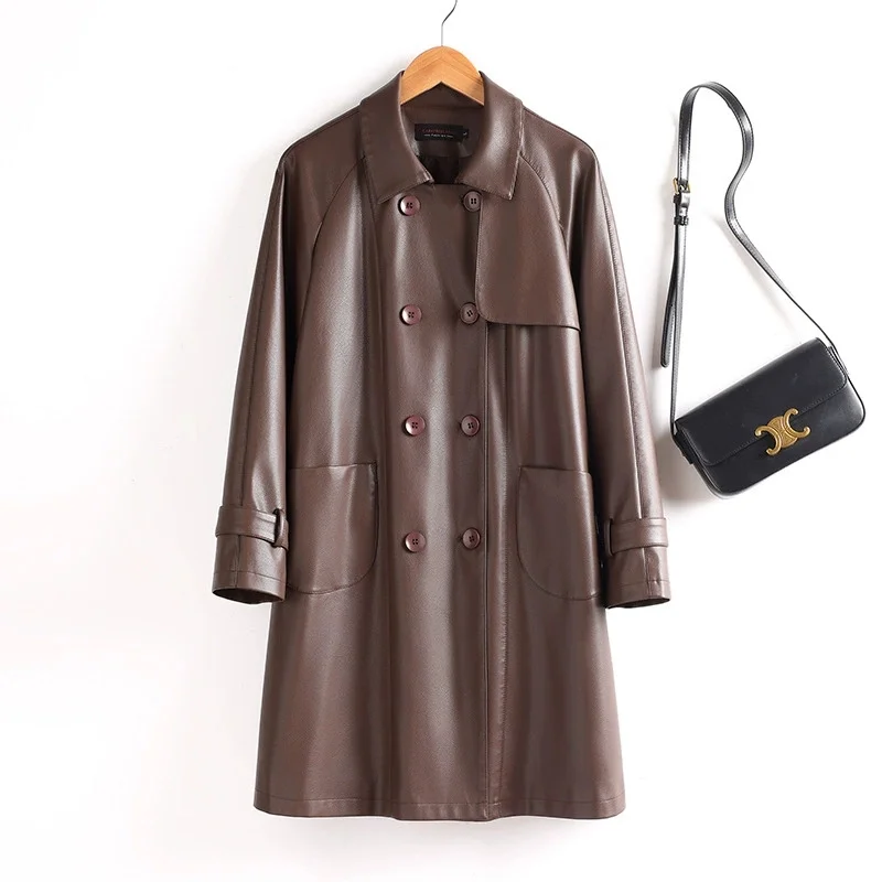 2025 hochwertige Leder Trenchcoat frauen Langen Mantel Herbst Winter Zweireiher PU Windjacke Lose Tops Dame Mäntel
