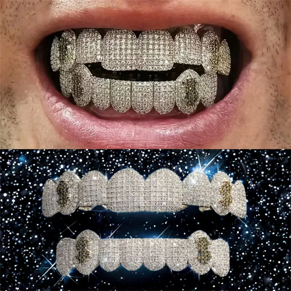 Anztilam Grills Dollars Logo Iced Out Grillz Full Zircon Tooth Shine Grill Men Women Hip Hop Tooth Grills Caps Brass Jewelry