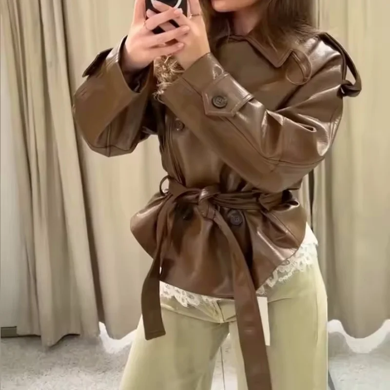 New Fashion Faux Leather Short Trench Coat, Casual and Versatile, Elegant and Stylish
