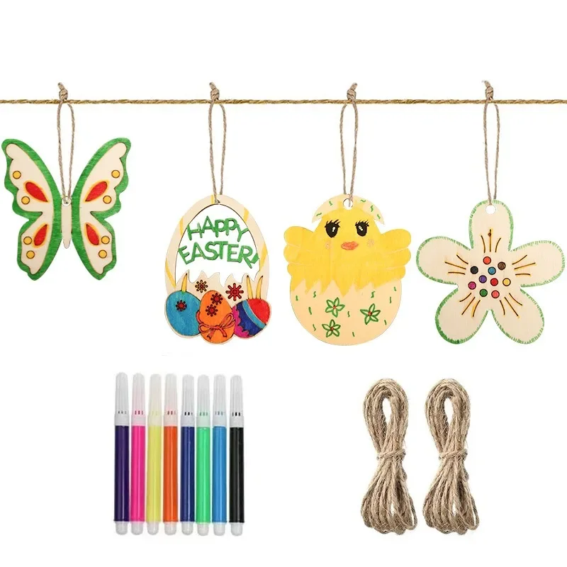 

10Pcs Wooden Easter Rabbit Chick Egg Hanging Pendants Flower Bunny Spring Butterfly Decoration Esater Day Decor For Home