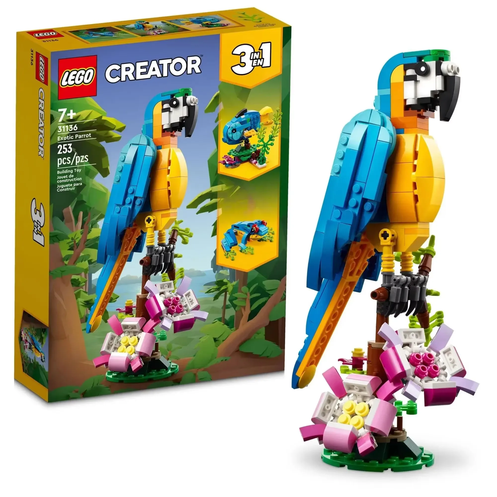LEGO Creator-figuras de loro exótico para niños, juguete de construcción 3 en 1 de loro a rana a pez, creativo, regalo de cumpleaños, 31136, 31144