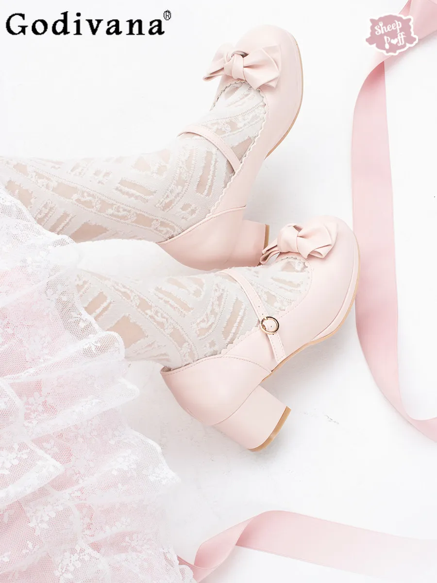 

Original Sweet Girls Elegant Pink Lolita Mid Heel Pumps New Spring and Summer Fashion Casual Versatile Leather Shoes for Women