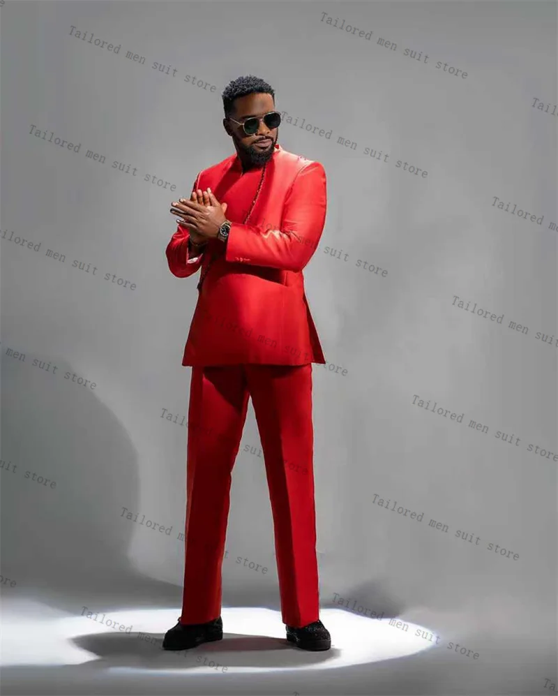 

Red Men Suits Set 2 Pieces Blazer+Pants Trousers Autumn Fall Luxury Beaded Wedding Tuxedos Jacket Formal Office Red Carpet Coat