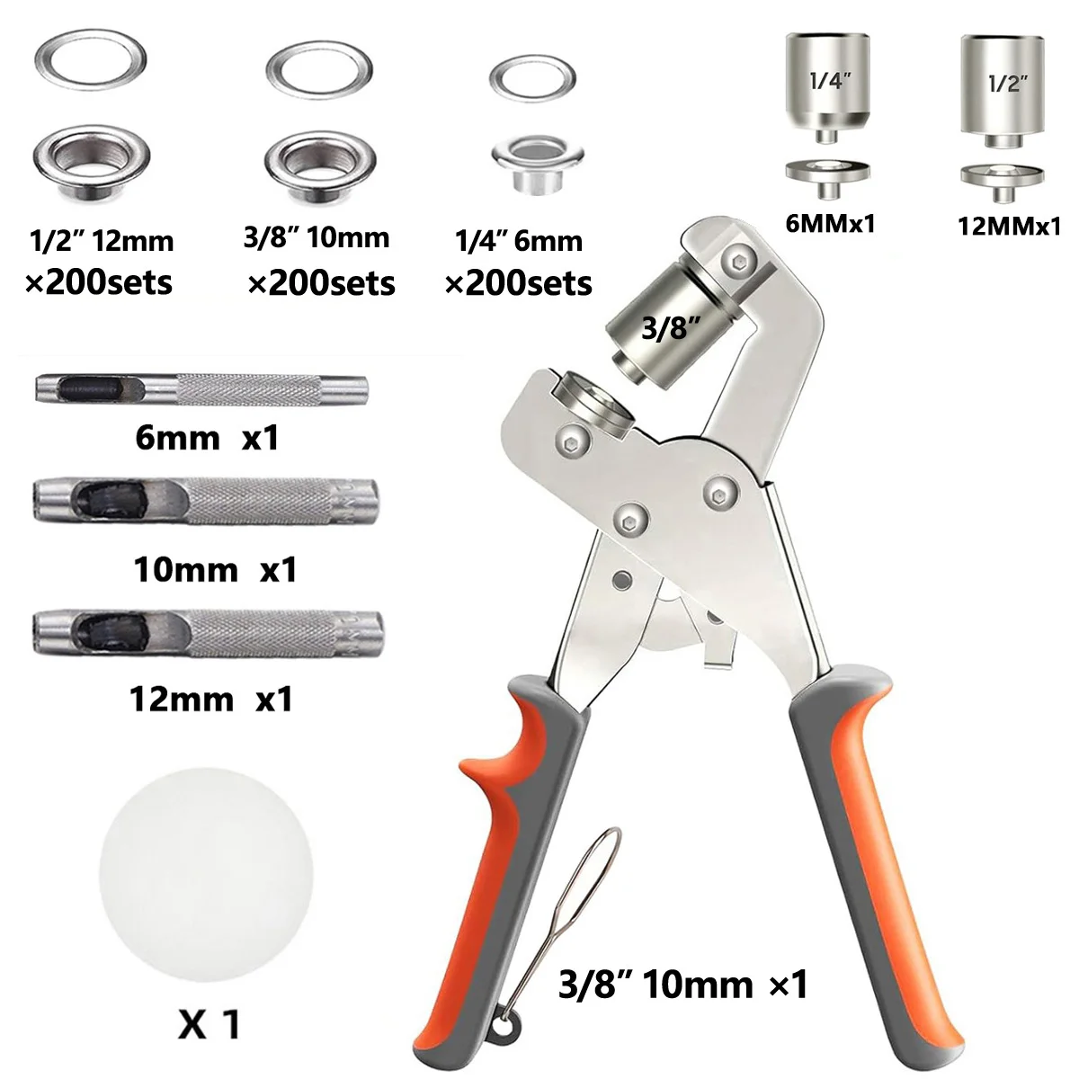 6/10/12mm 600 Sets Eyelet Tool Kit with 3 Interchangeable Dies, Handheld Hole Punch Pliers for Tarps Fabric Shower Curtain Cloth