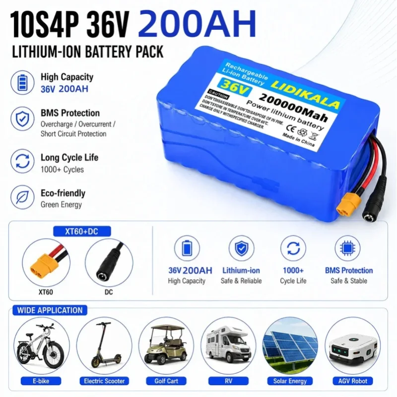 36V 200Ah 200000mAh 10S4P Lithium-Batteriepack mit eingebautem BMS und Ladegerät für E-Bike, Roller, Wohnmobil, Boot, Solaranlage, EU-Steuerbefreiung