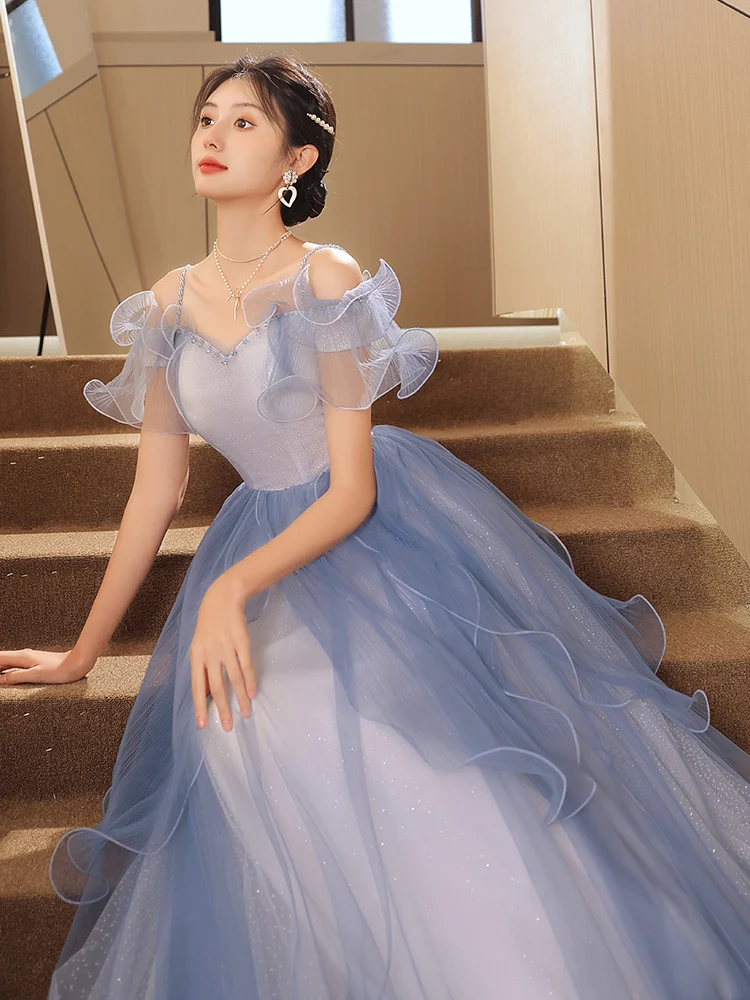 

Blue Ele Slim Fit Birthday Dr for Women Student Art Exam Adult Ceremony Korean Sle Pure Color One oulder Long Skirt