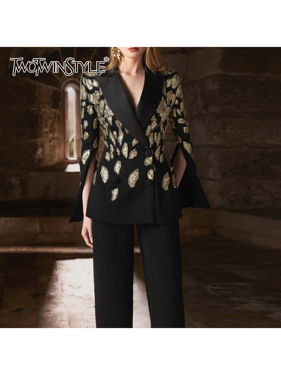 

TWOTWINSTYLE Slimming Spliced Sequins Fashion Blazers for Women Lapel Long Sleeves Split Patchwork Double Breasted Blazer Female