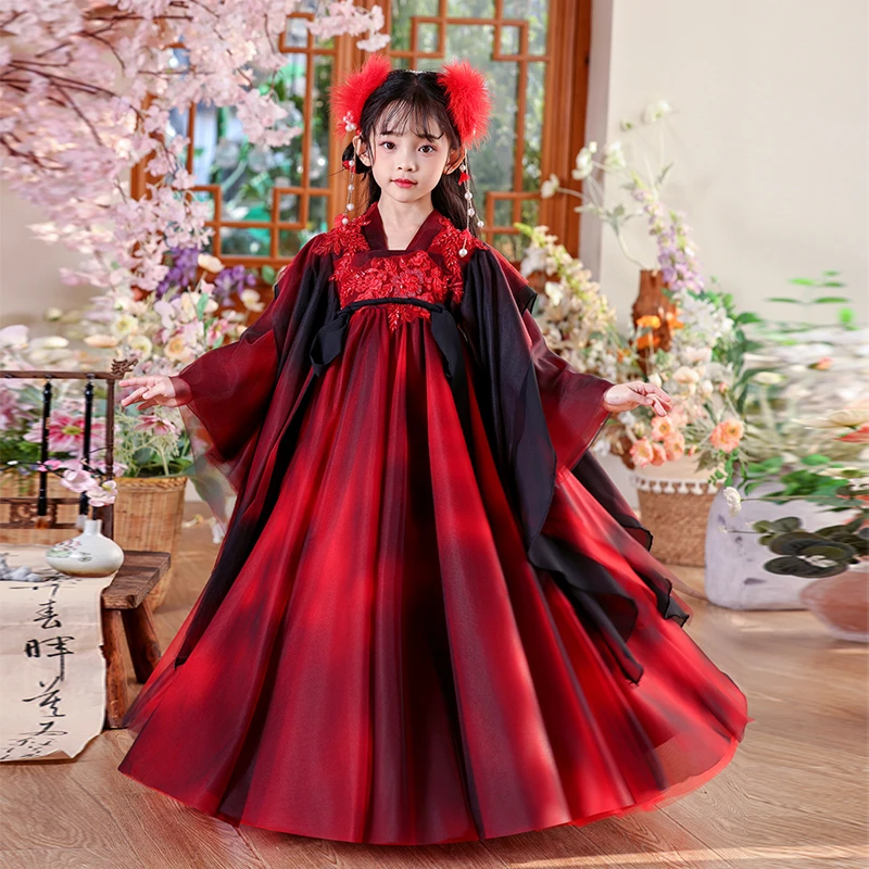 

Новый китайский детский традиционный танцевальный костюм ханьфу, красный костюм Тан с вышивкой для девочек, восточные платья феи, весенне-осенний наряд