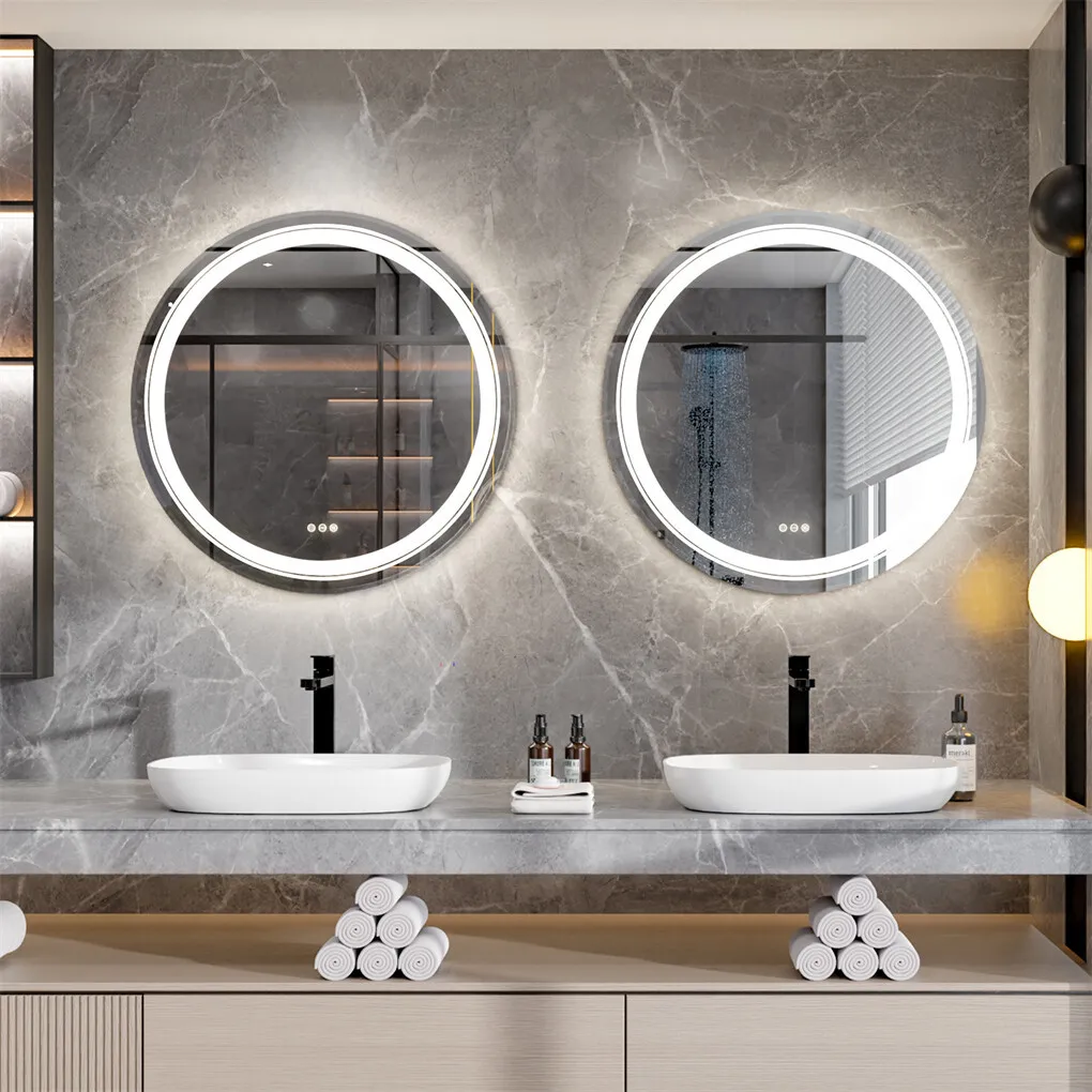 600/800/900MM Round Wall Mirror LED Bathroom Mirror Front Light + Backlit Wall Vanity Mirror 3 Colour