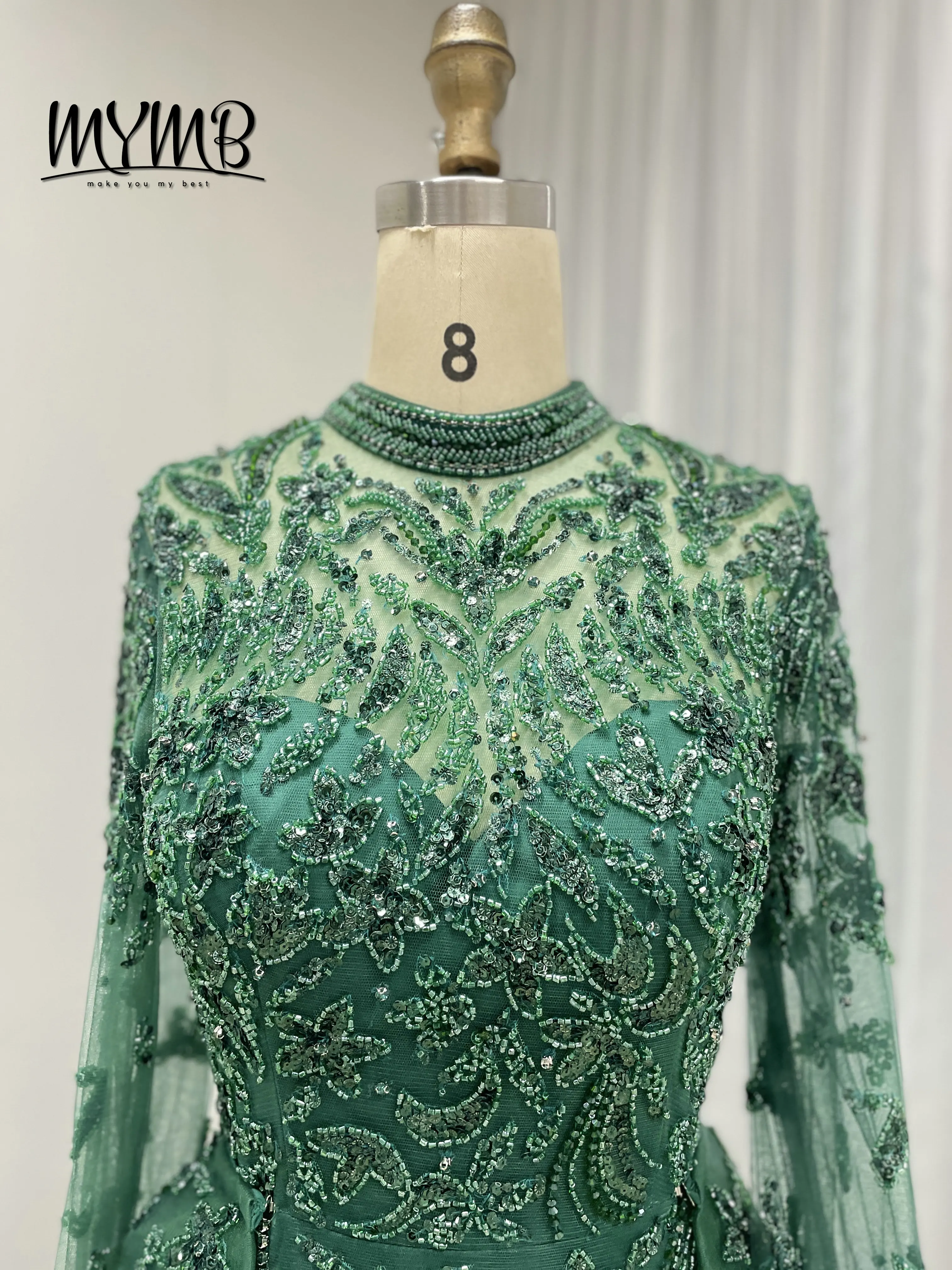 Elegancka suknia wieczorowa w stylu syreny w kolorze dubajskiej zieleni dla panny młodej, luksusowe suknie ślubne z haftem i koralikami, muzułmańskie długie suknie MY30035B