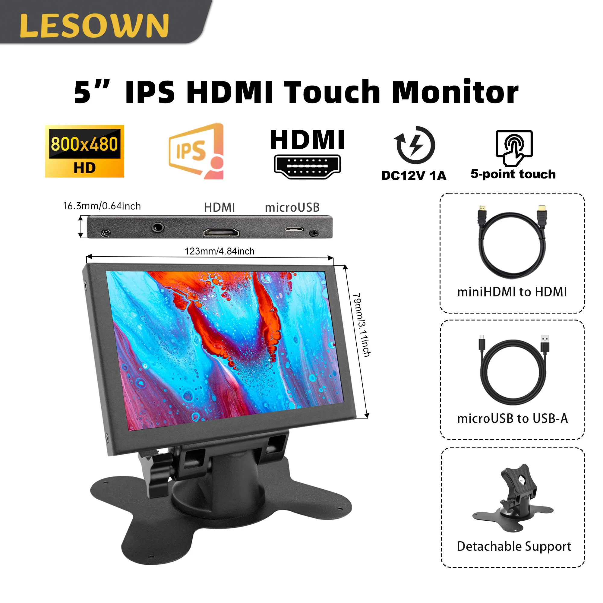 LESOWN Compacte 5-inch HDMI-monitor 800x480 IPS LCD Draagbaar extern display Kleine monitor voor werkgaming en doe-het-zelfprojecten PC