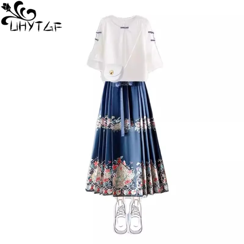 Chinese Style Improved Hanfu Floral Printed Black Horse Face Skirt Women High Waist Pleated Horse Face Skirt Shirt Two-Piece Set