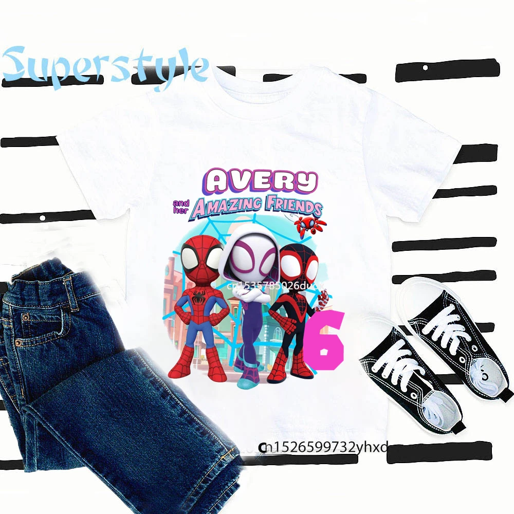 Summer Girl Spider-Man and Her Amazing Friends Birthday Short Sleeve Shirt Children Spiderman Personalize Name Birthday T-shirt