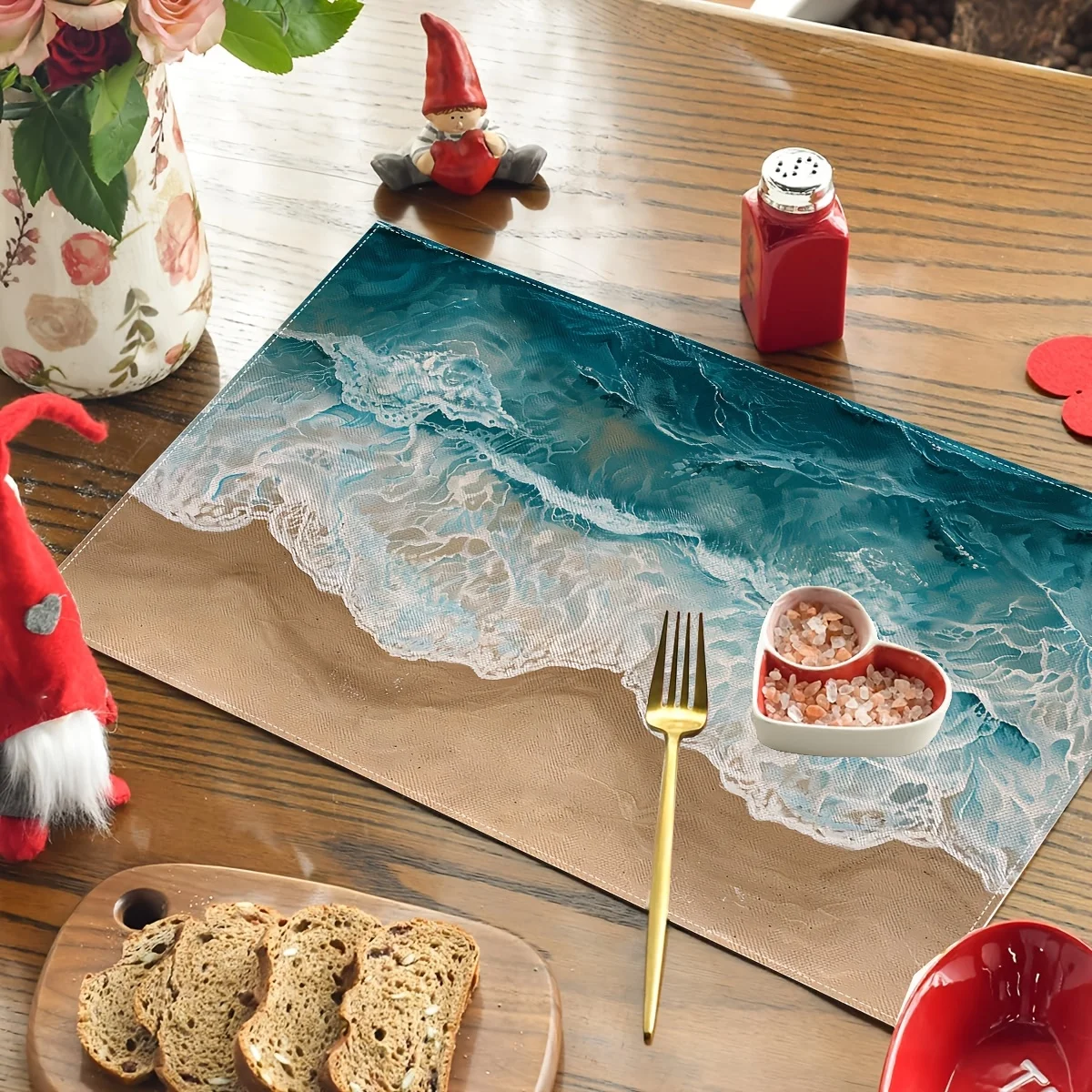 Ocean Wave Tablecloth And Placemat Set, Blue Waves, Kitchen Dining Table Decoration, Suitable for Family Gathering Decor