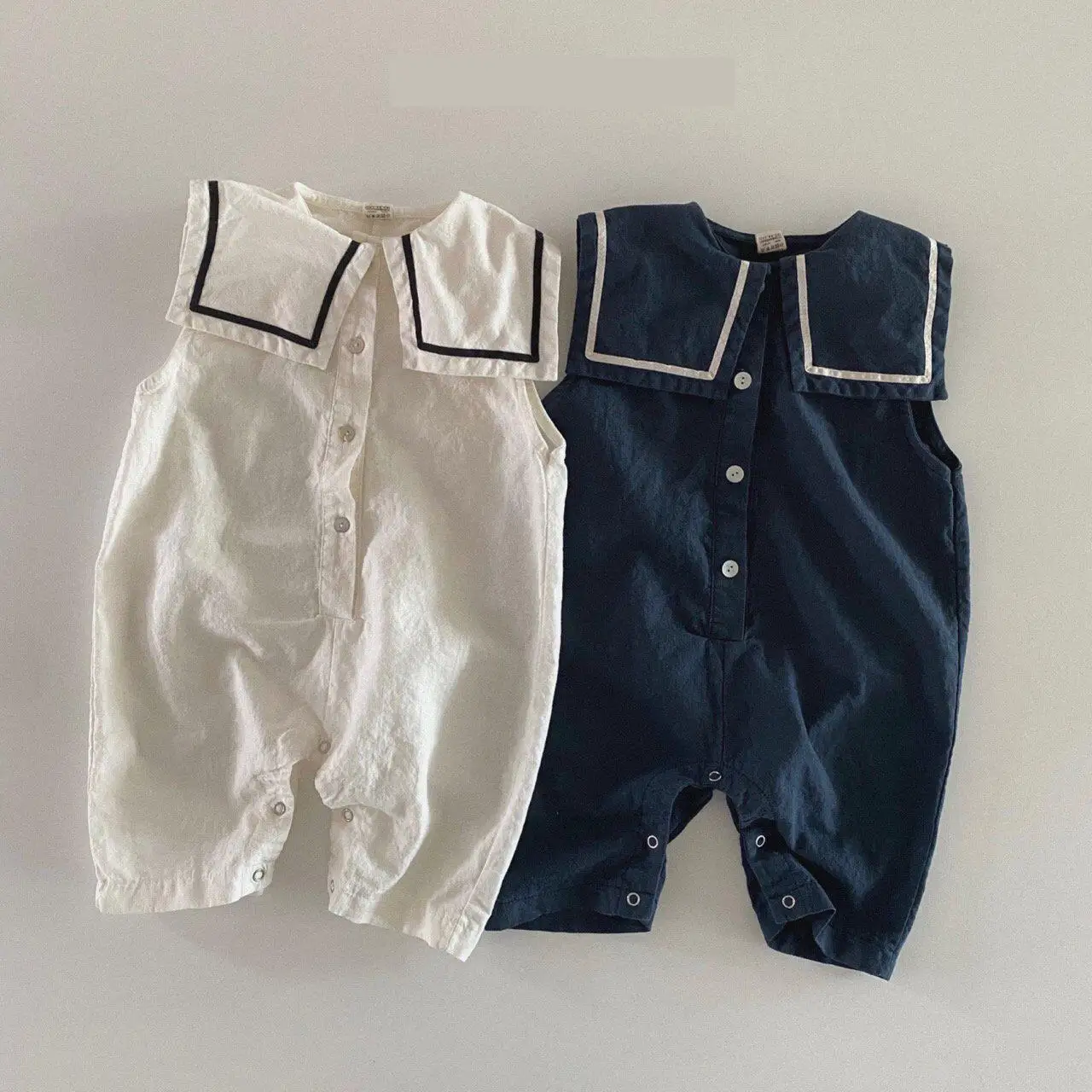 2024 Summer New Baby Boy Sleeveless Sailor Collar Romper Newborn Girl Navy Collar Jumpsuit Infant Toddler Loose Casual Clothes