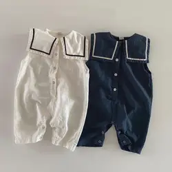 Pelele de cuello marinero sin mangas para bebé, mono de cuello azul marino para recién nacido, ropa informal holgada para niño pequeño, novedad de verano 2023