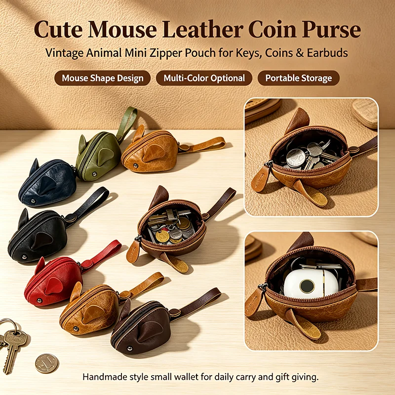 Cute Mouse Shape Leather Coin Purse, Vintage Zipper Key Pouch, Mini Animal Wallet Multi-color Portable Earbud Storage Bag
