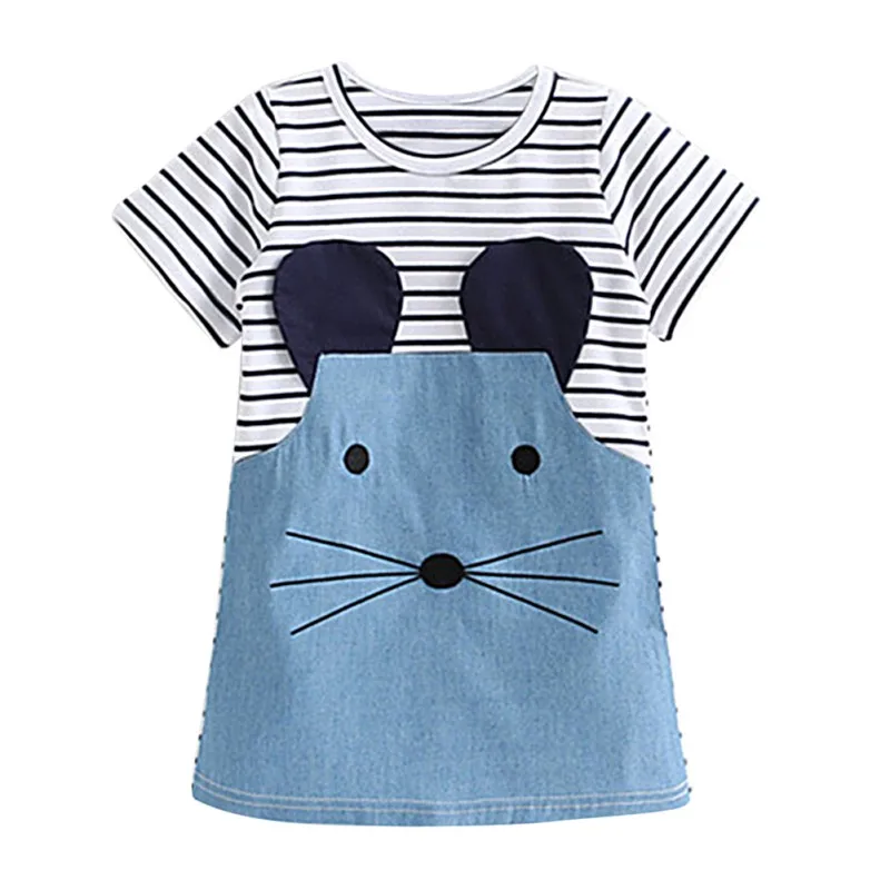 Summer Girls Cartoon Mouse Stripe Colorblock Denim Short Sleeve Dress 2-7Y