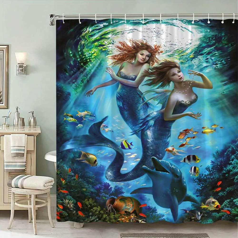 

1pc Mermaid Underwater Curtain, Tranquil Ocean Scene, Colorful Fish & Sea Creatures, Polyester, 12 Hooks, Whimsical Bath Decor