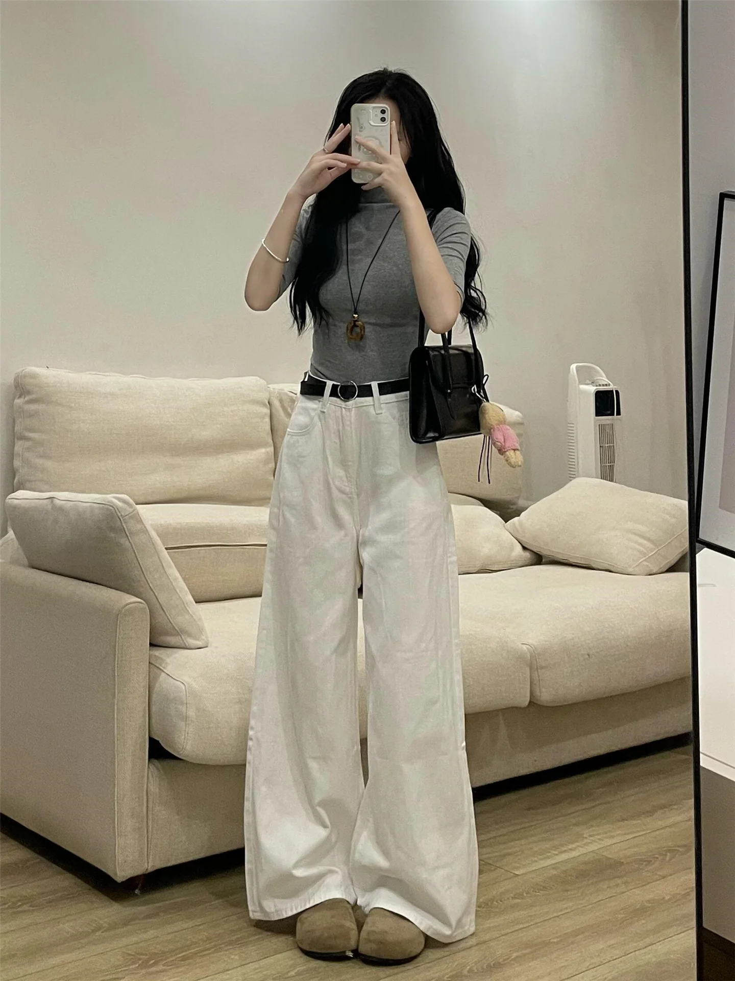 

Extended Length High Waist Wide Leg Jeans Women's Loose Fit Draping Straight Leg Floor-Length Casual Cotton Denim Pants